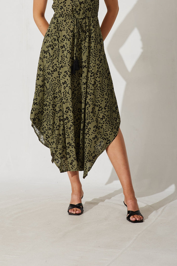 Dandelion Maxi Dress In Olive Green With Black Print - detail