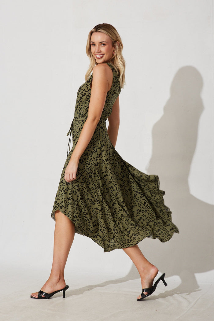 Dandelion Maxi Dress In Olive Green With Black Print - side