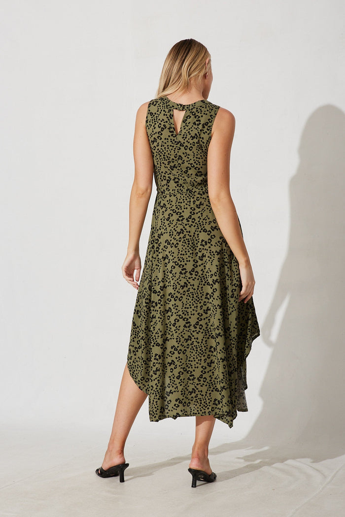 Dandelion Maxi Dress In Olive Green With Black Print - back