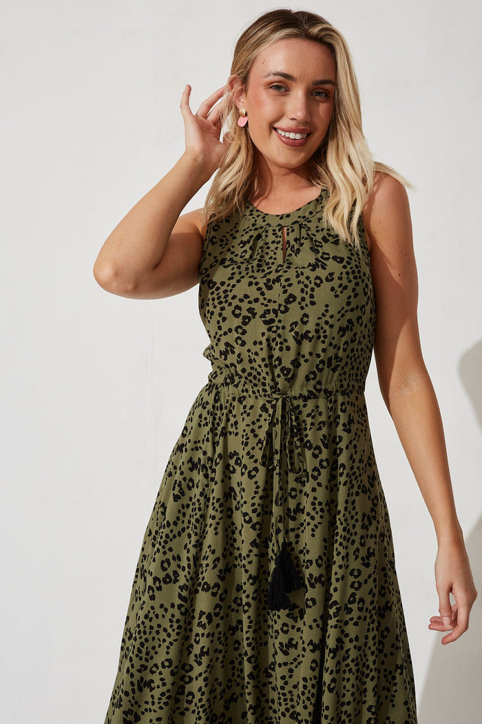 Dandelion Maxi Dress In Olive Green With Black Print - front