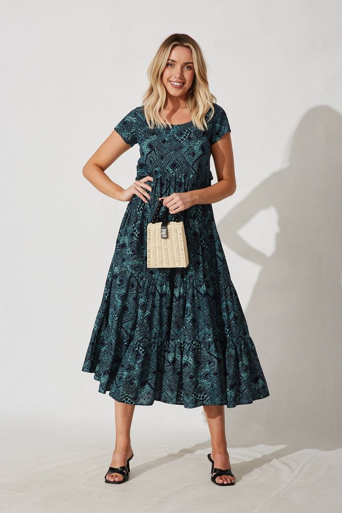 Amaranth Maxi Dress In Navy With Green Print Cotton Blend - St Frock (Dev)