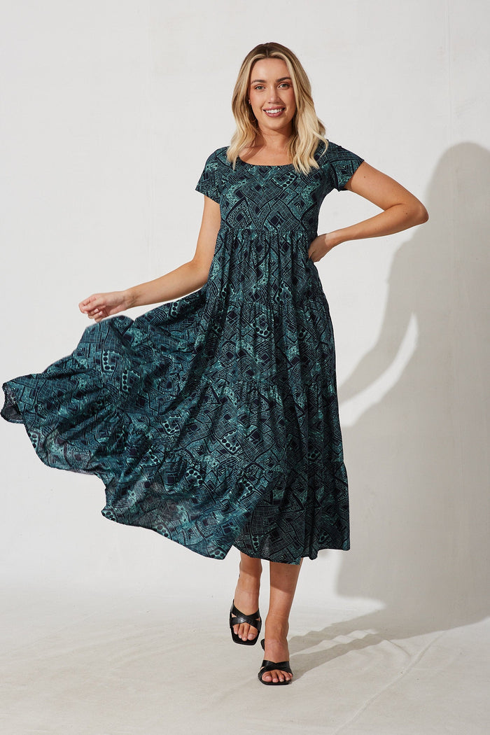 Amaranth Maxi Dress In Navy With Green Print Cotton Blend - St Frock (Dev)