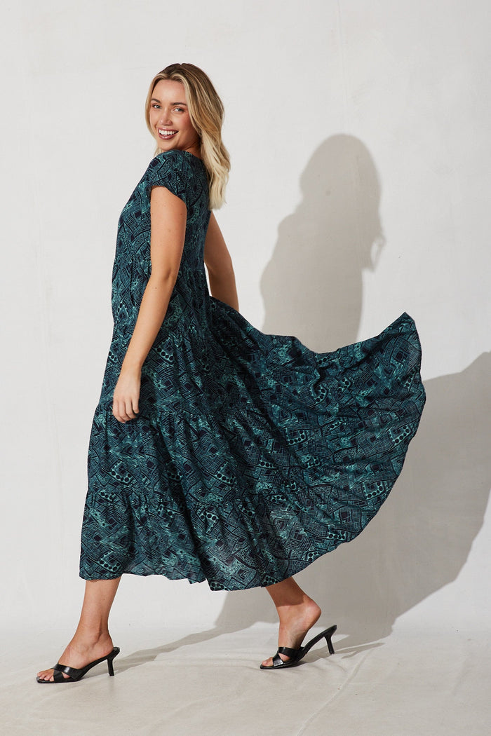 Amaranth Maxi Dress In Navy With Green Print Cotton Blend - St Frock (Dev)