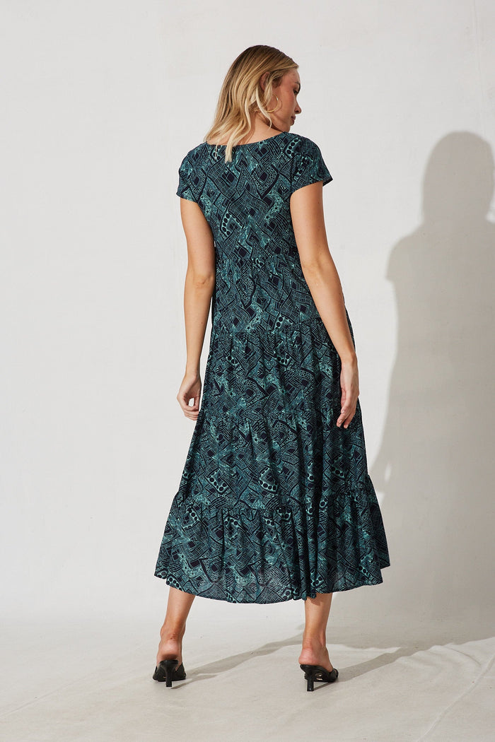 Amaranth Maxi Dress In Navy With Green Print Cotton Blend - St Frock (Dev)