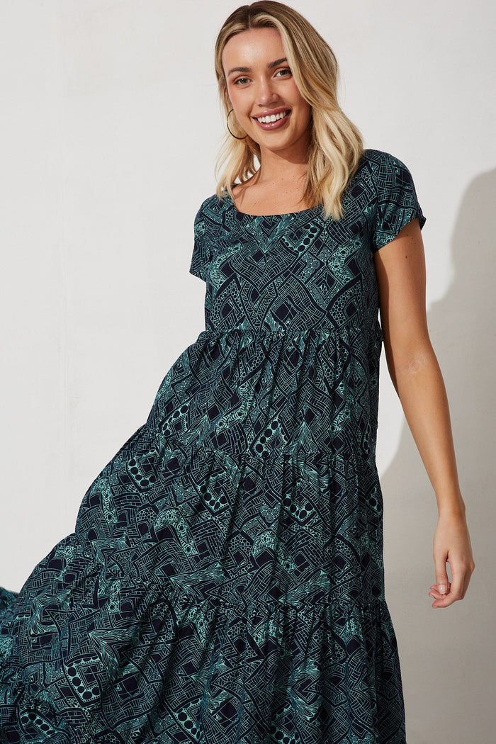Amaranth Maxi Dress In Navy With Green Print Cotton Blend - St Frock (Dev)