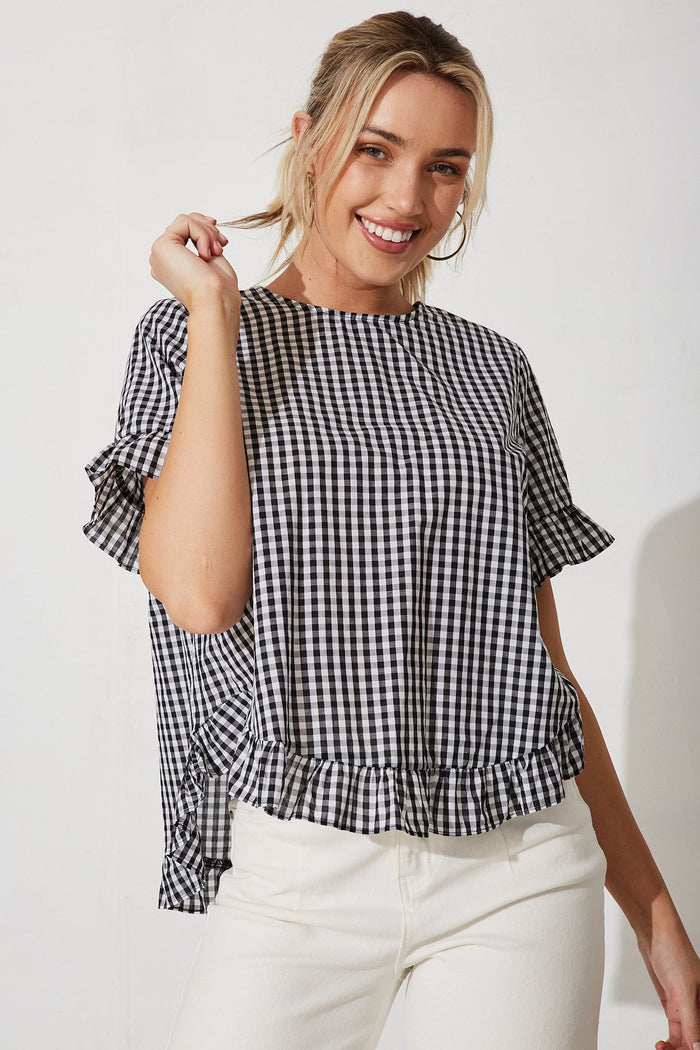 Belladonna Top In Black With Gingham Check Cotton - front