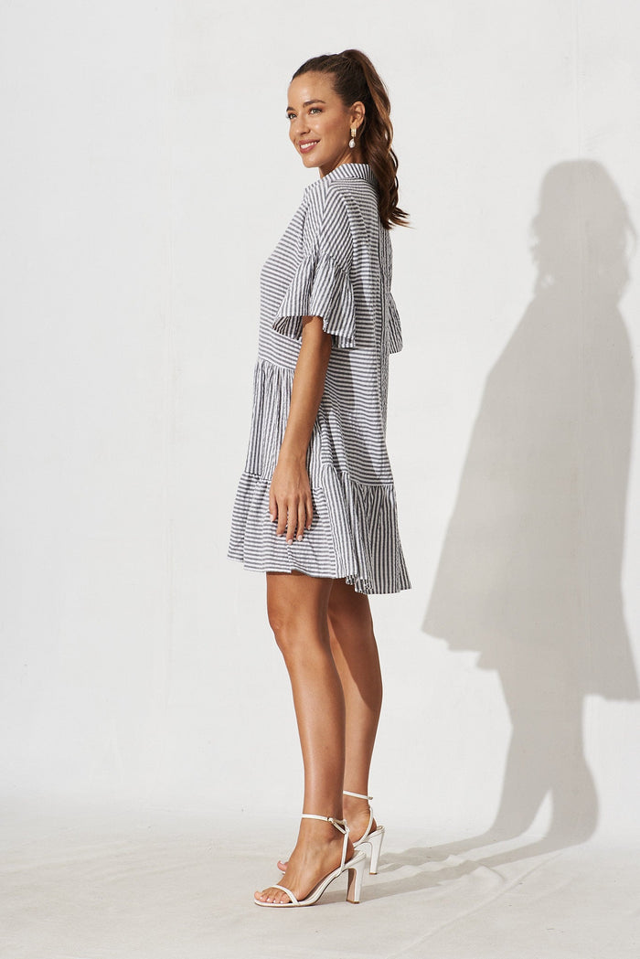 Freya Shirt Dress In Grey With White Stripe Cotton - side