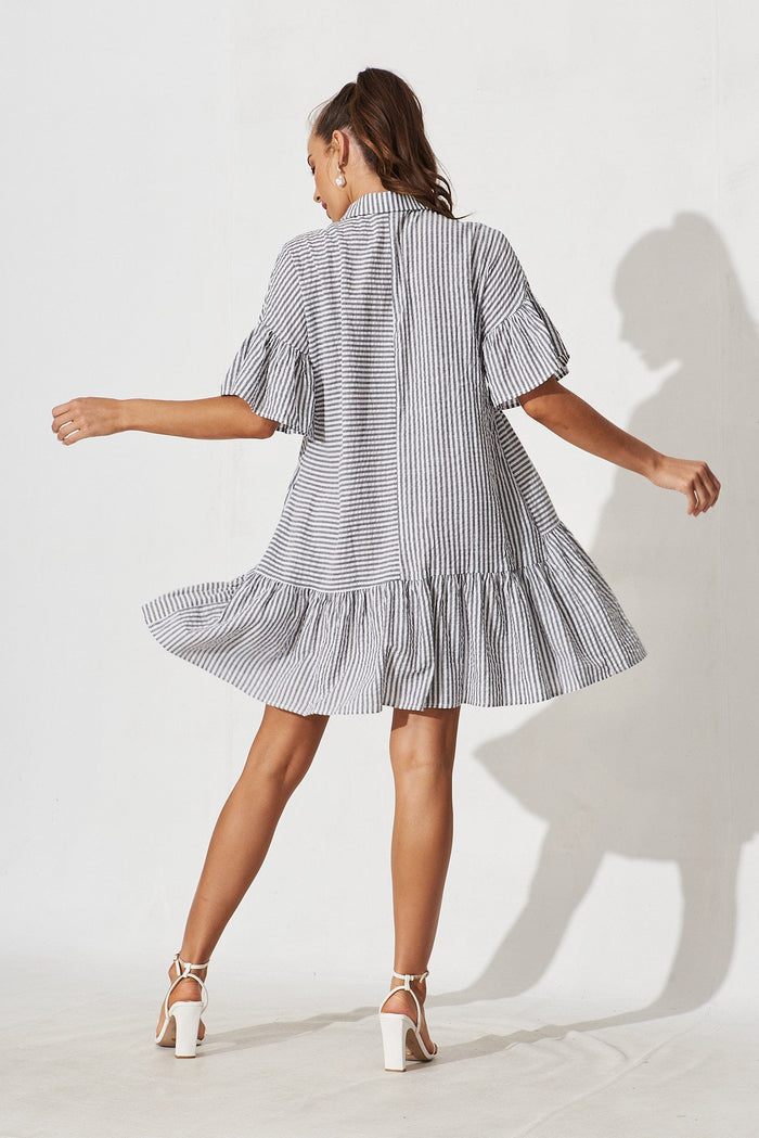 Freya Shirt Dress In Grey With White Stripe Cotton - back