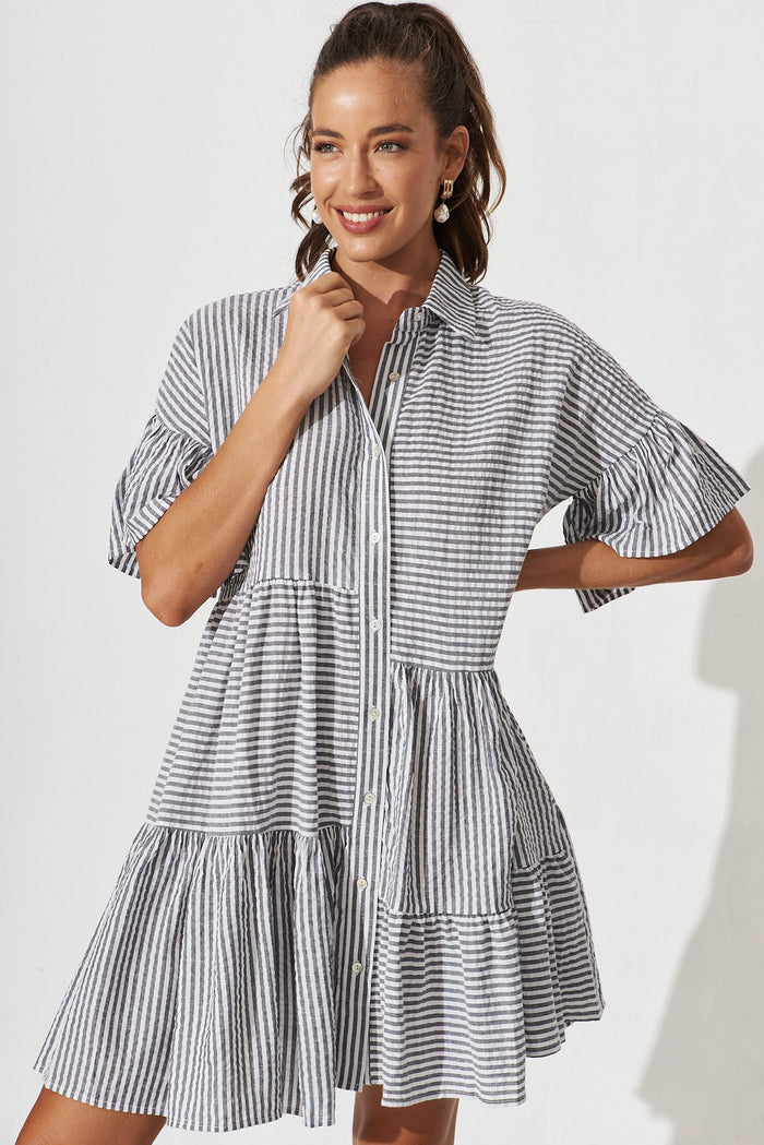 Freya Shirt Dress In Grey With White Stripe Cotton - front