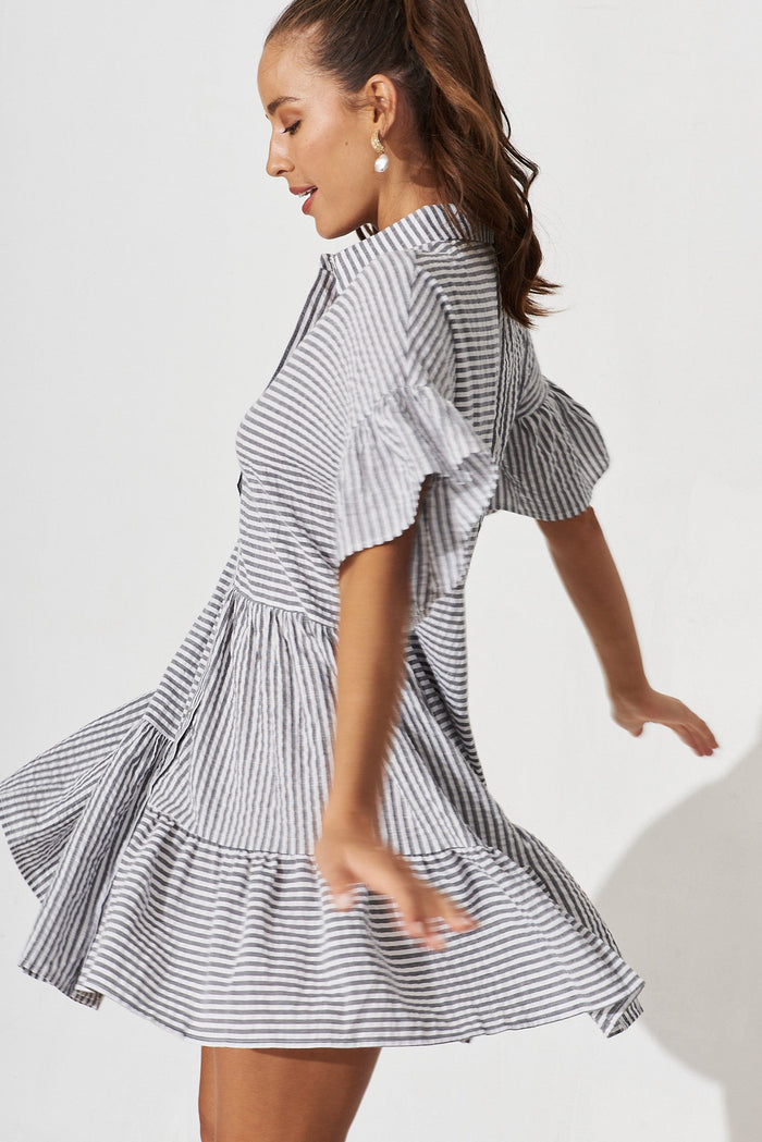 Freya Shirt Dress In Grey With White Stripe Cotton - detail