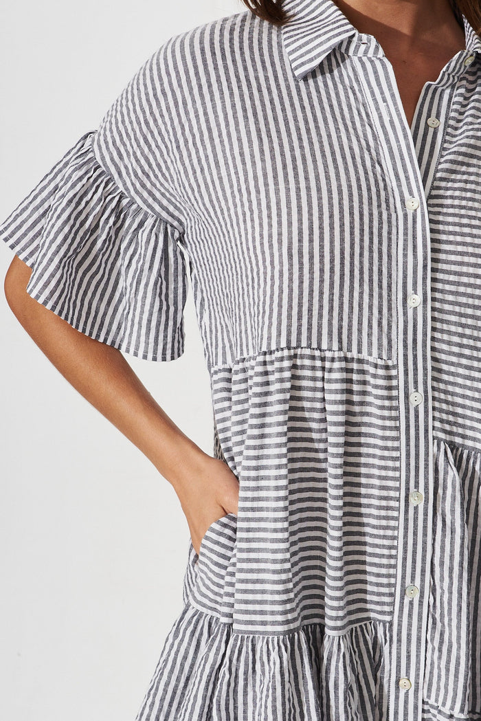 Freya Shirt Dress In Grey With White Stripe Cotton - detail