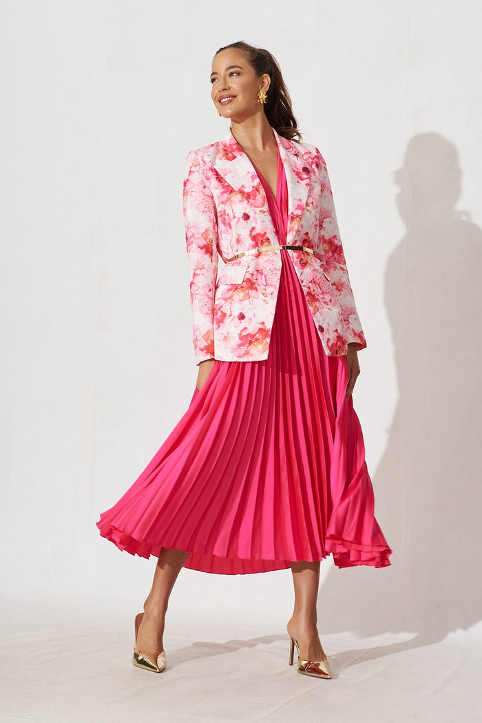 Segovia Blazer In Pink With White Floral Cotton Blend - full length