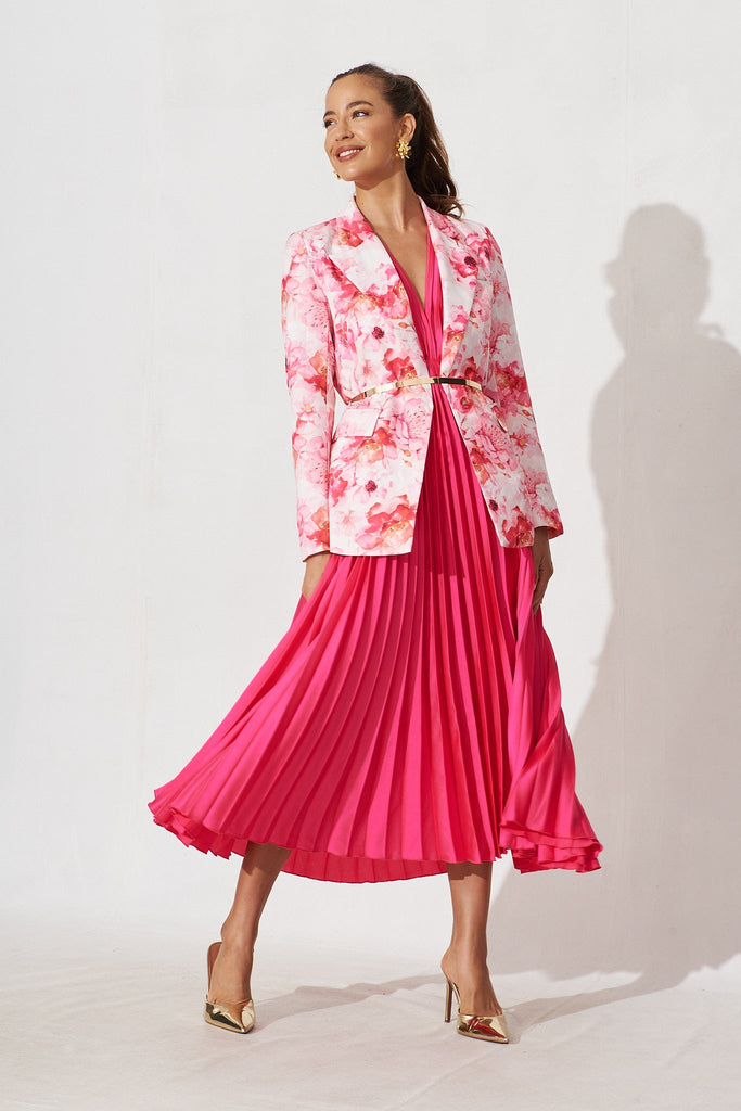 Segovia Blazer In Pink With White Floral Cotton Blend - full length