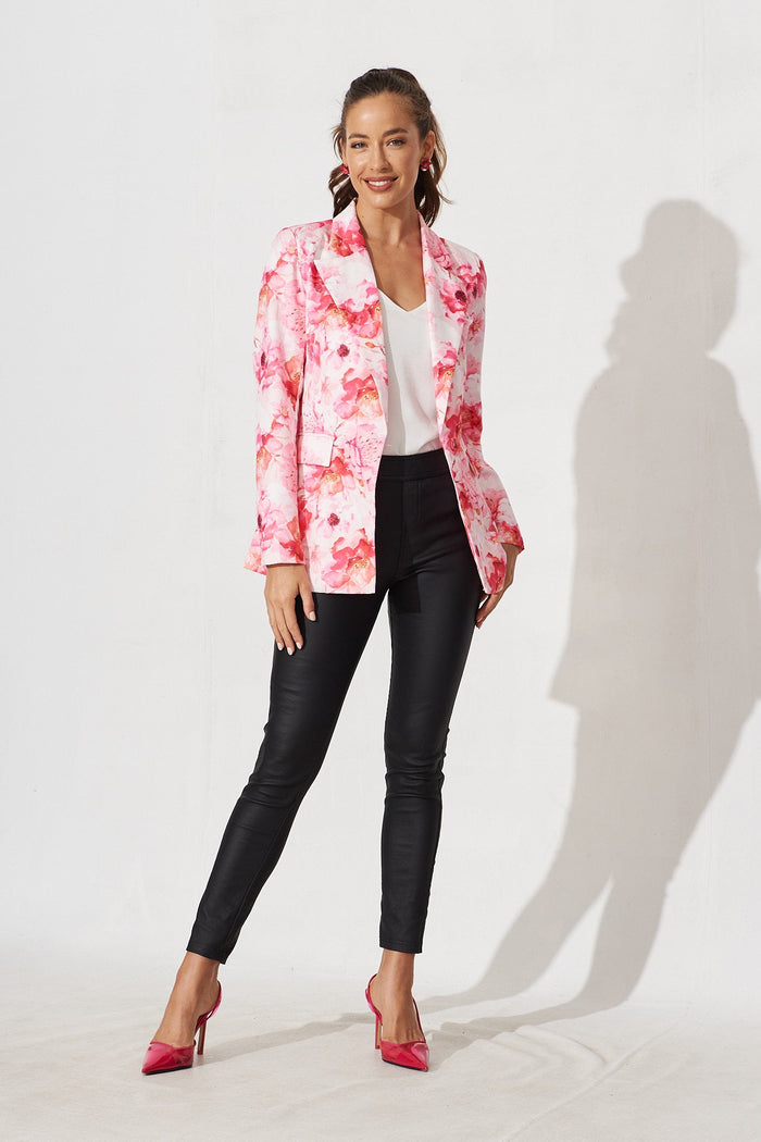 Segovia Blazer In Pink With White Floral Cotton Blend - full length