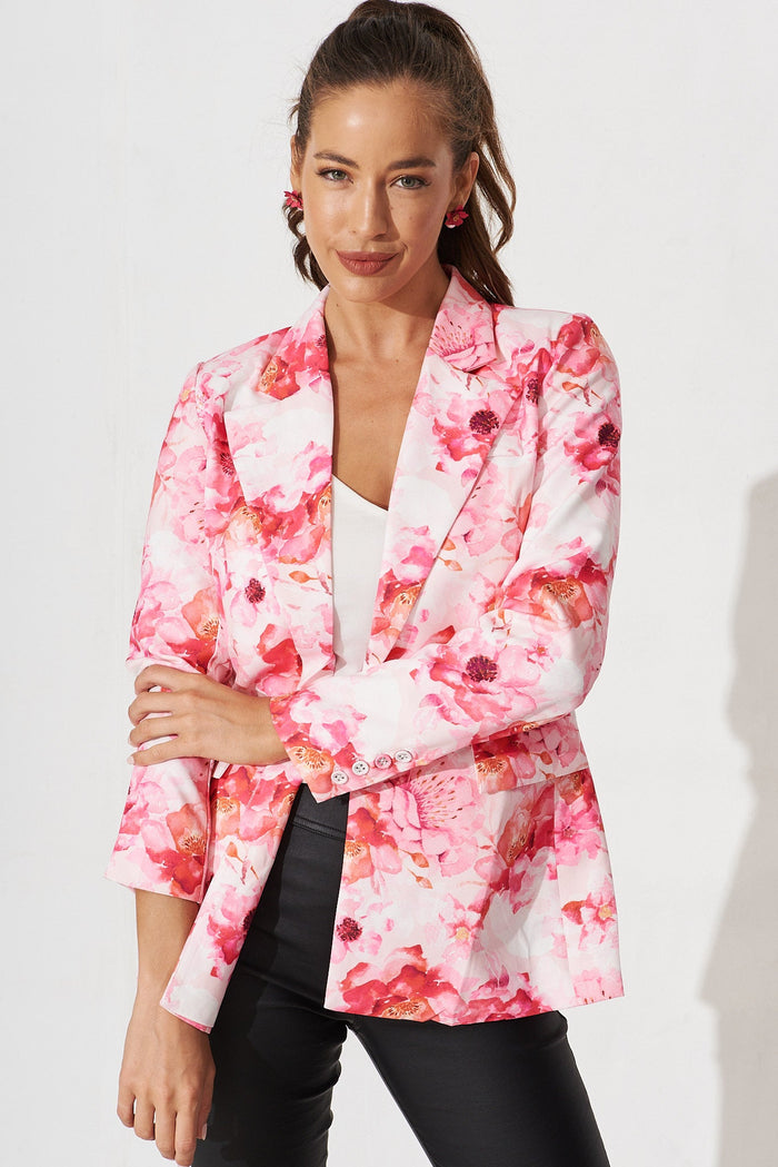 Segovia Blazer In Pink With White Floral Cotton Blend - front