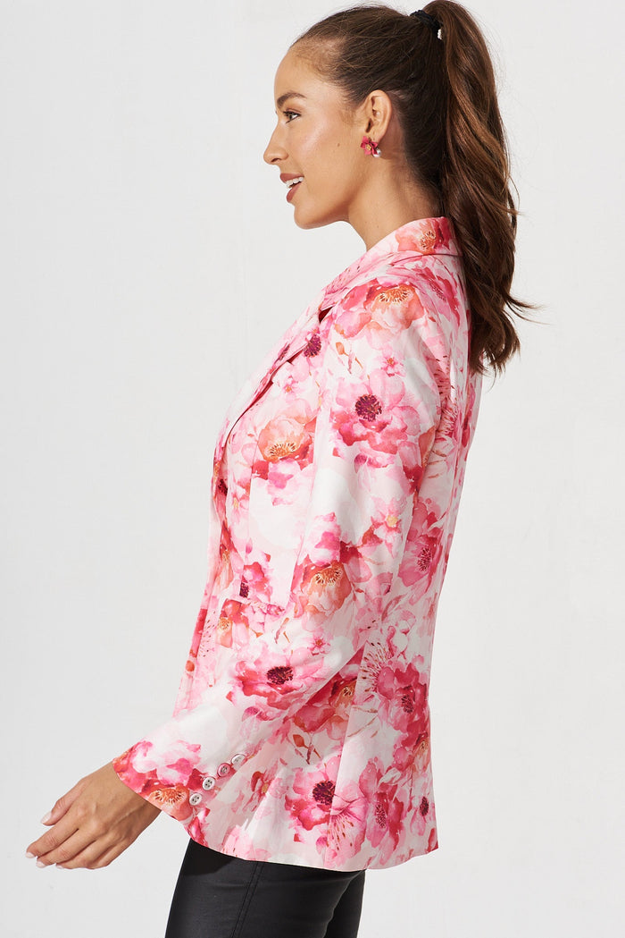 Segovia Blazer In Pink With White Floral Cotton Blend - side