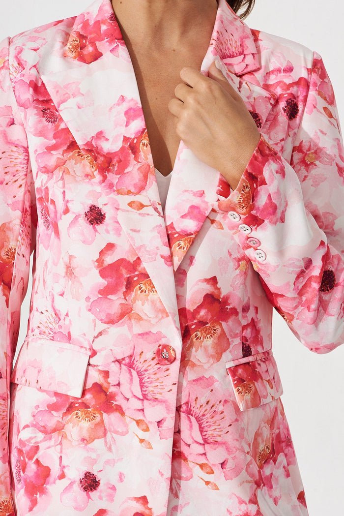 Segovia Blazer In Pink With White Floral Cotton Blend - detail