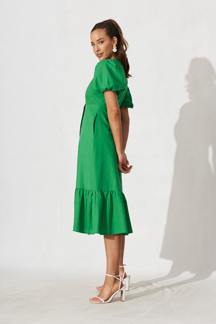 Hawthorn Midi Shirt Dress In Green Linen Cotton Blend - side