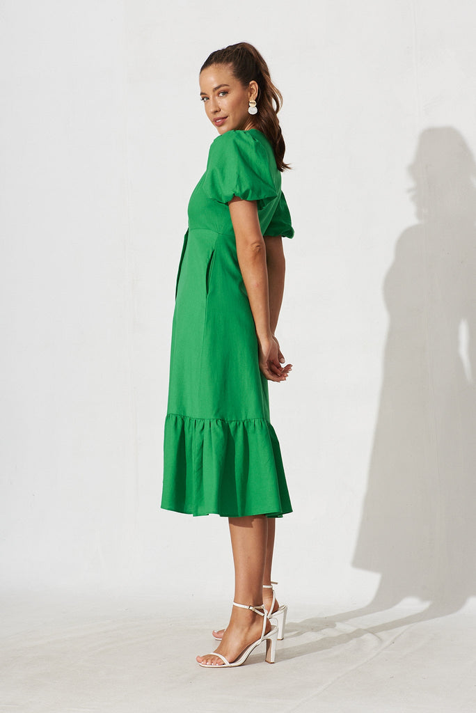 Hawthorn Midi Shirt Dress In Green Linen Cotton Blend - side