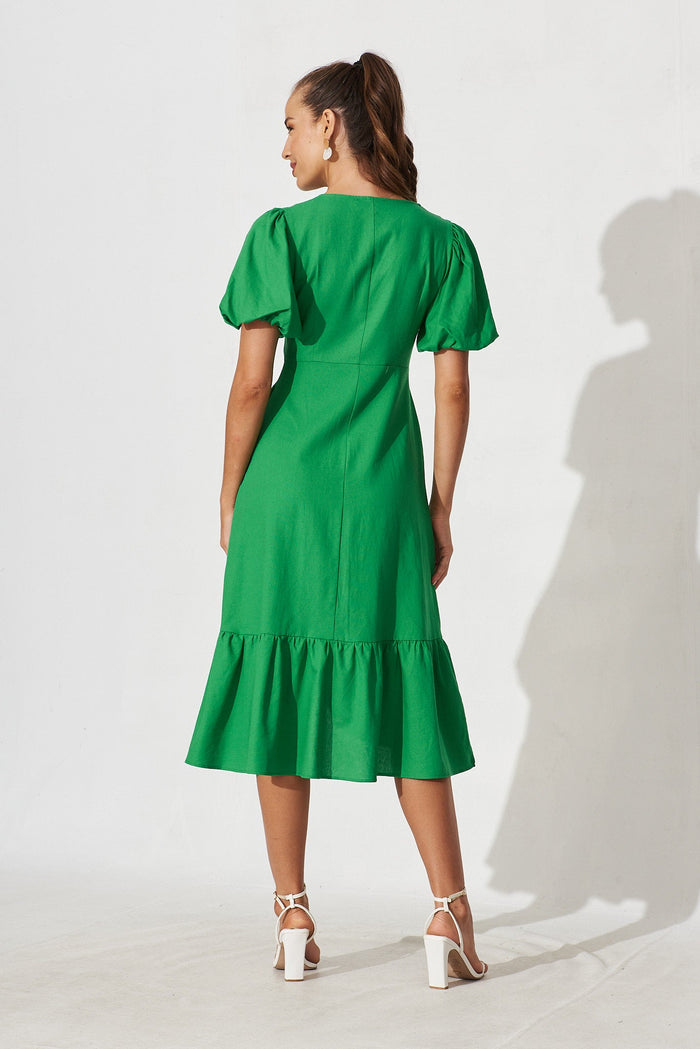 Hawthorn Midi Shirt Dress In Green Linen Cotton Blend - back