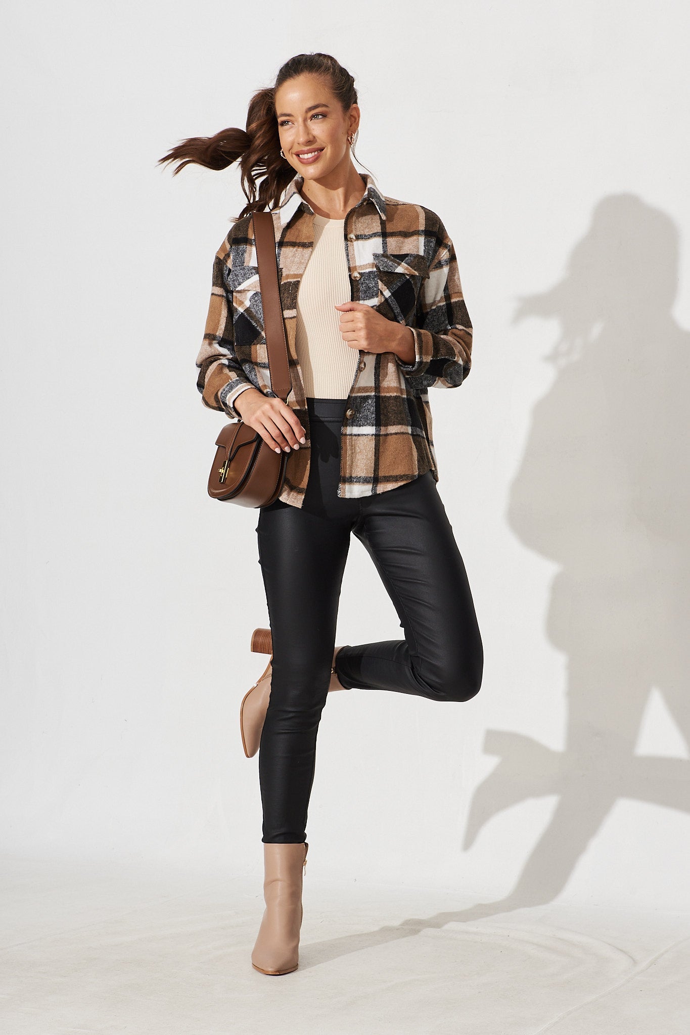Mallard Shacket In Brown With Black And White Check - full length