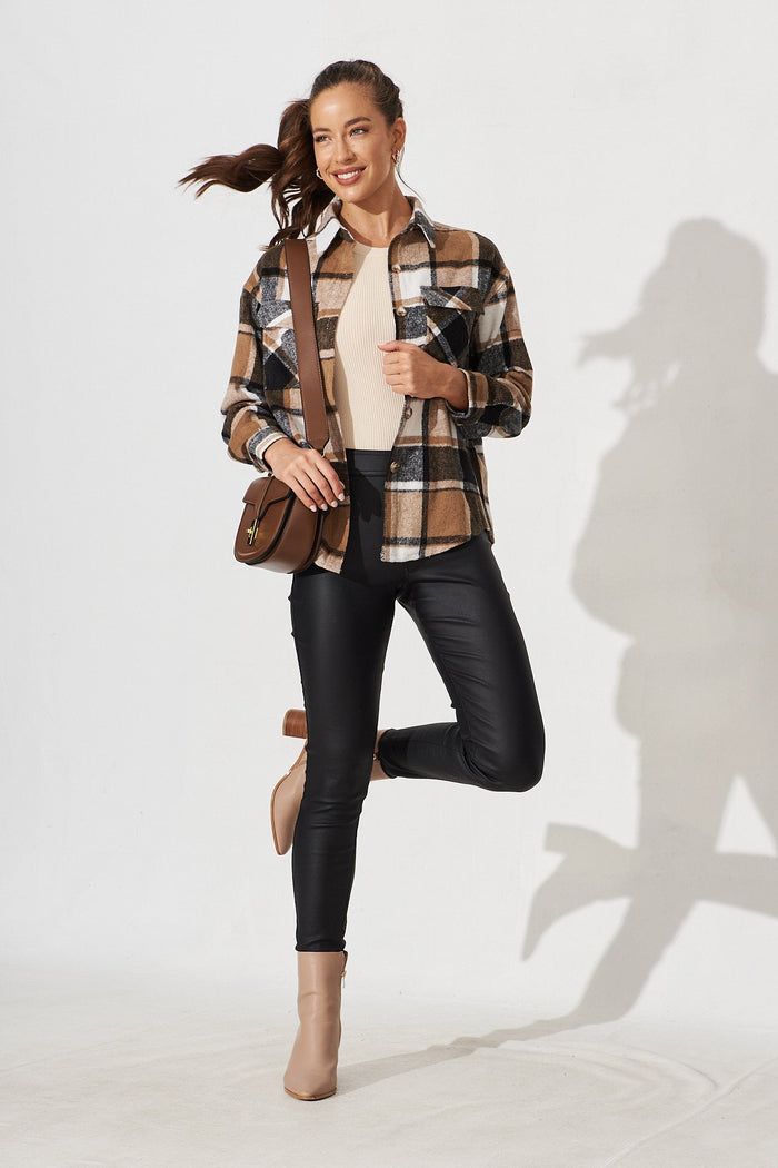 Mallard Shacket In Brown With Black And White Check - full length