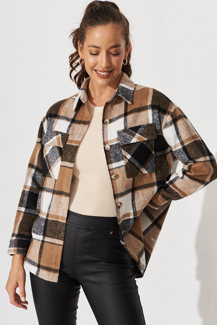 Mallard Shacket In Brown With Black And White Check - front