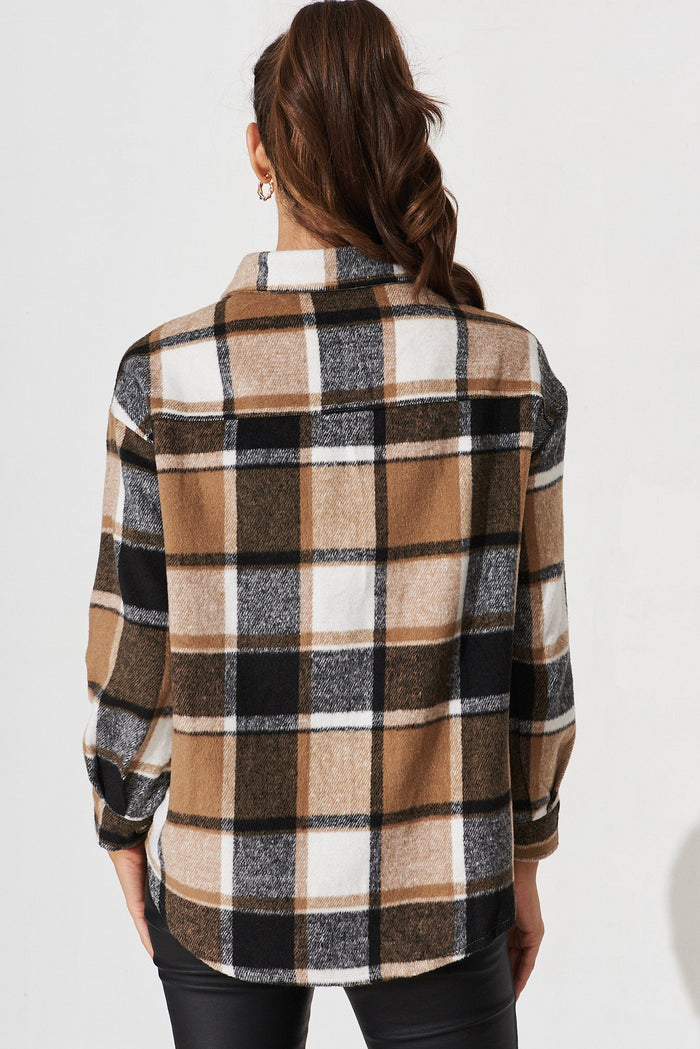 Mallard Shacket In Brown With Black And White Check - back
