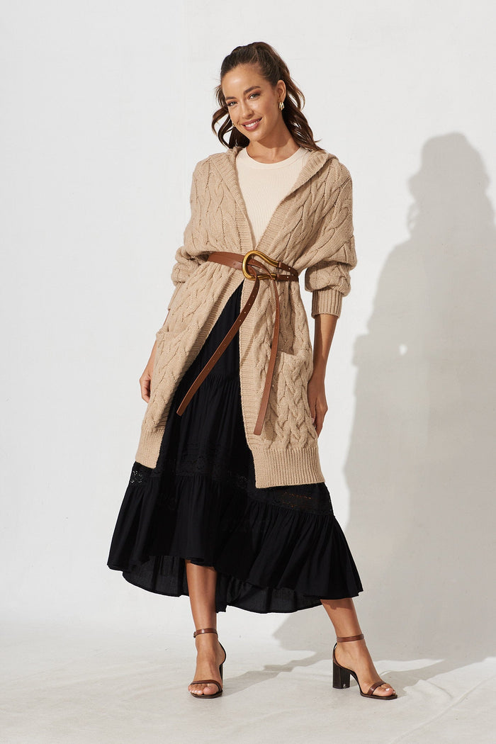 Yesenia Hood Knit Cardigan In Brown Wool Blend - full length