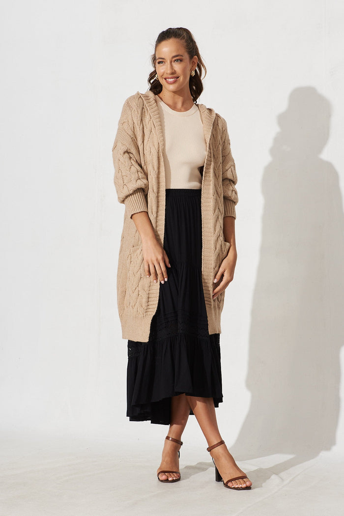 Yesenia Hood Knit Cardigan In Brown Wool Blend - full length