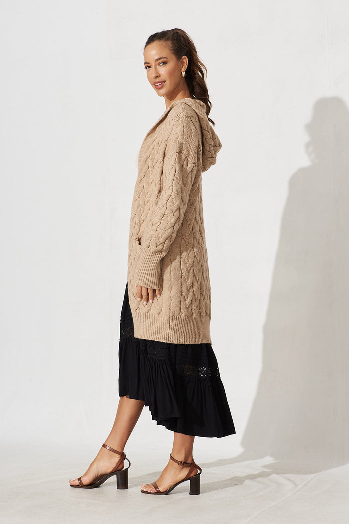 Yesenia Hood Knit Cardigan In Brown Wool Blend - side