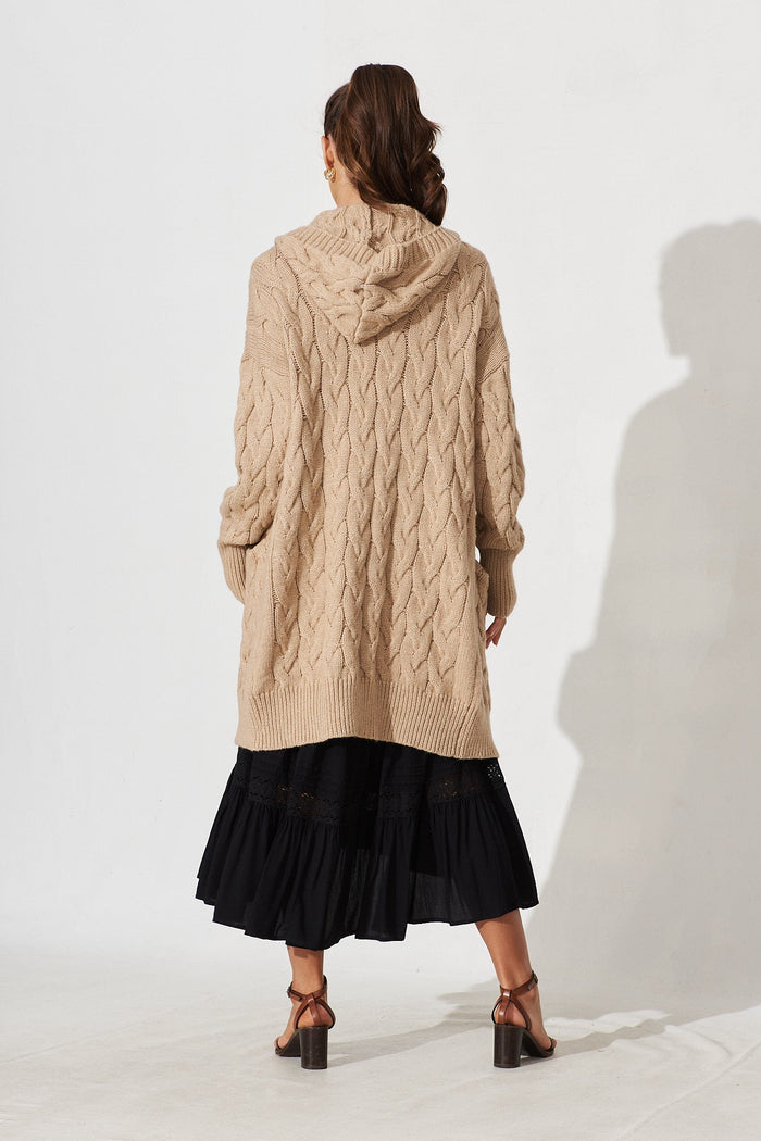 Yesenia Hood Knit Cardigan In Brown Wool Blend - back