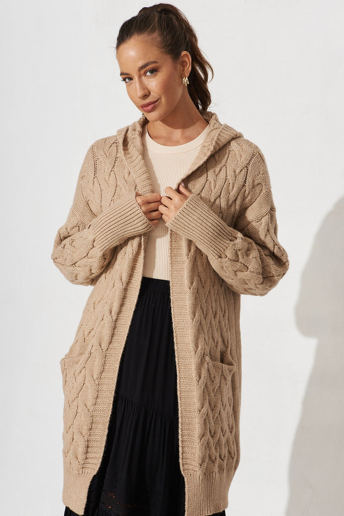 Yesenia Hood Knit Cardigan In Brown Wool Blend - front