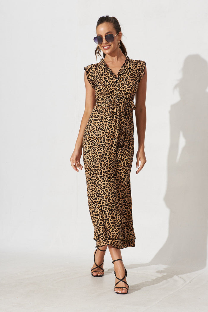 Wolverhampton Maxi Dress In Brown With Leopard Print - full length