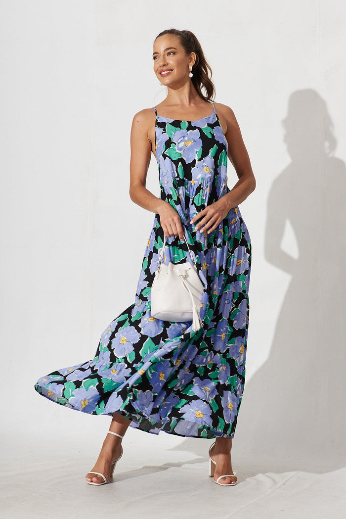 Santa Cruz Maxi Dress In Black With Lilac Floral - full length