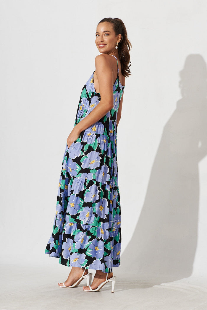 Santa Cruz Maxi Dress In Black With Lilac Floral - side