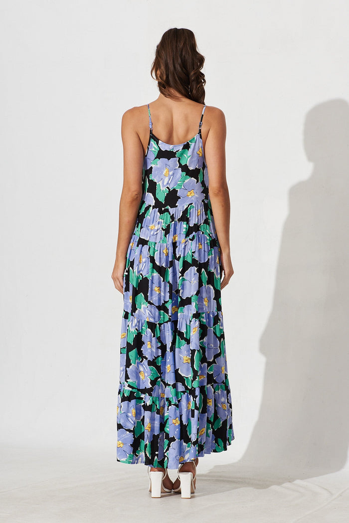 Santa Cruz Maxi Dress In Black With Lilac Floral - back