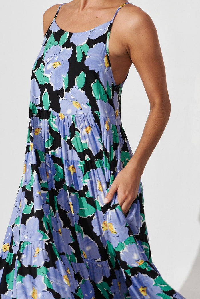 Santa Cruz Maxi Dress In Black With Lilac Floral - detail