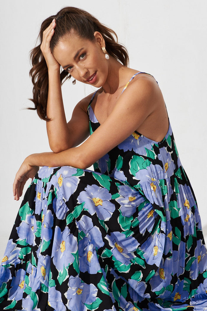 Santa Cruz Maxi Dress In Black With Lilac Floral - full sitting