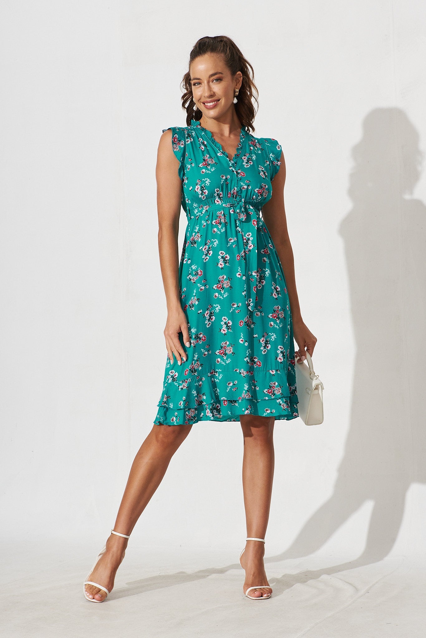 Wolverhampton Dress In Blue With Pink Floral Print - full length
