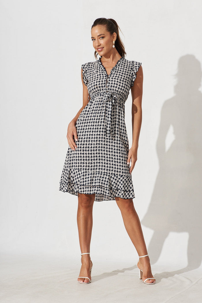 Wolverhampton Dress In Navy Gingham Check - full length