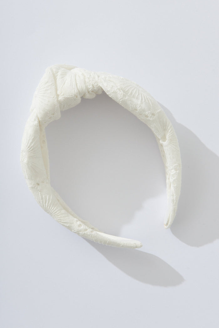 August + Delilah Gracey Headband In White Broderie Cotton - flatlay