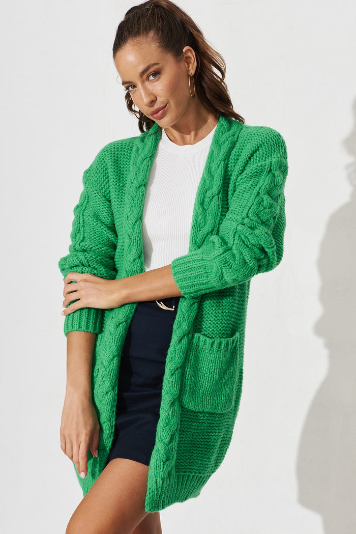 Durham Cable Knit Cardigan In Green Wool Blend - front