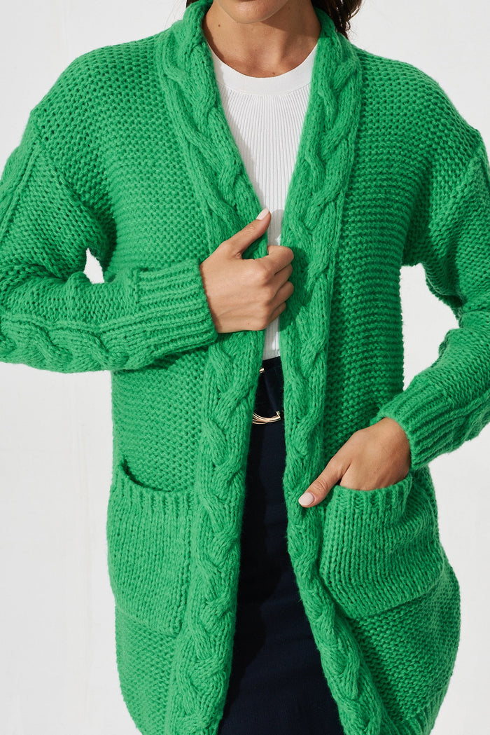 Durham Cable Knit Cardigan In Green Wool Blend - detail