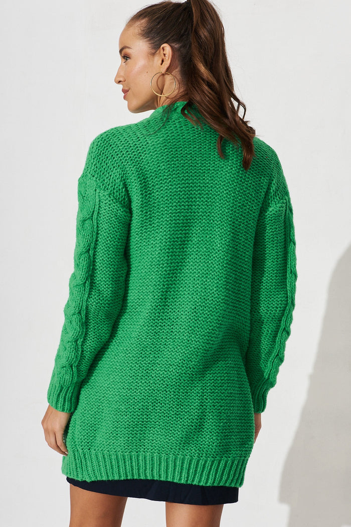 Durham Cable Knit Cardigan In Green Wool Blend - back