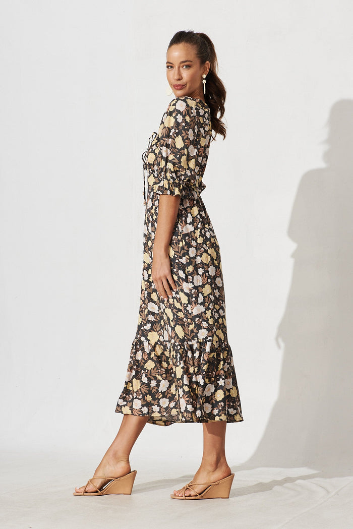 Poppy Midi Dress In Black With Brown And Yellow Floral - side