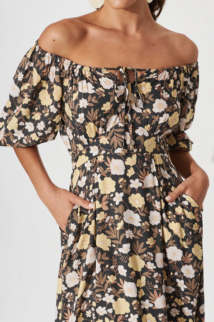 Poppy Midi Dress In Black With Brown And Yellow Floral - detail