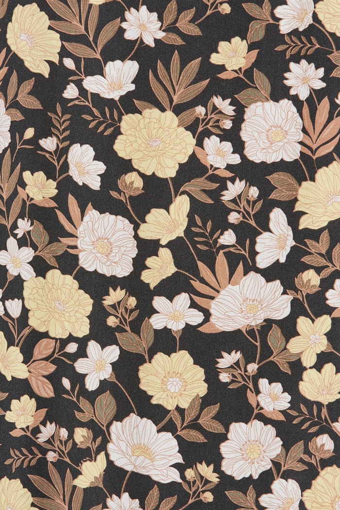 Poppy Midi Dress In Black With Brown And Yellow Floral - fabric