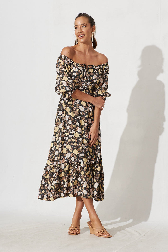 Poppy Midi Dress In Black With Brown And Yellow Floral - full length