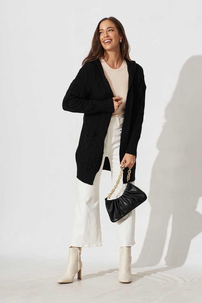 Yesenia Hood Knit Cardigan In Black Wool Blend - full length